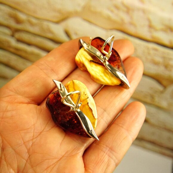 Big Amber & 925 Silver Omega Earrings - Made In Poland Rare Jewelry Her Gift - Picture 7 of 16